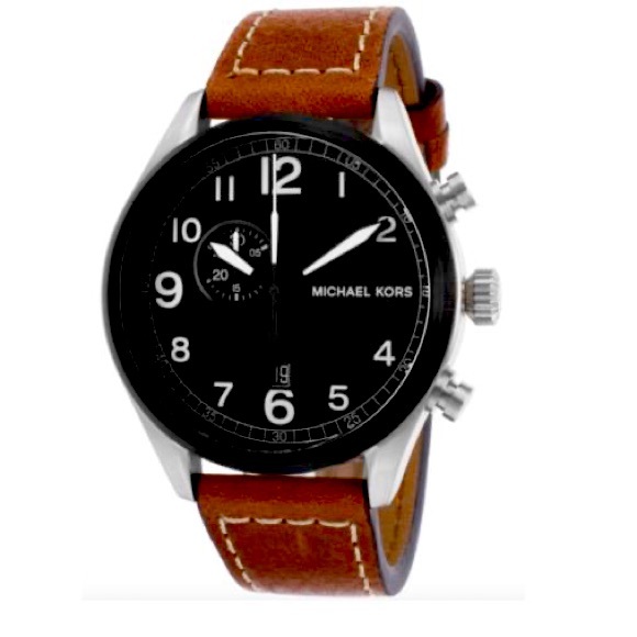 Michael Kors Silver+black Tone Brown Leather White Stitch Band WATCH-MK7068 - Picture 1 of 6